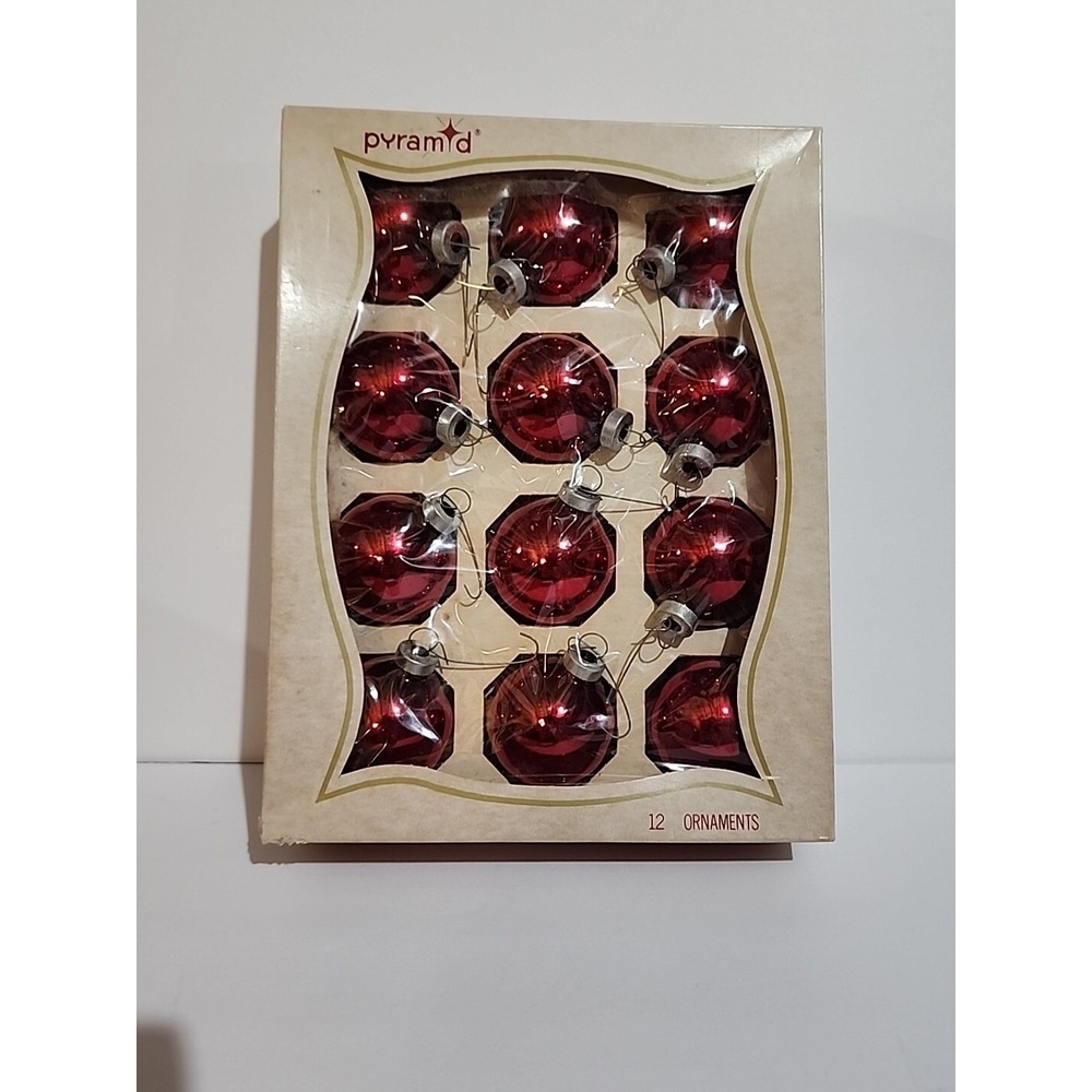 Vintage 12 Pyramid Rauch Red Glass Balls Christmas Ornaments in Original Box